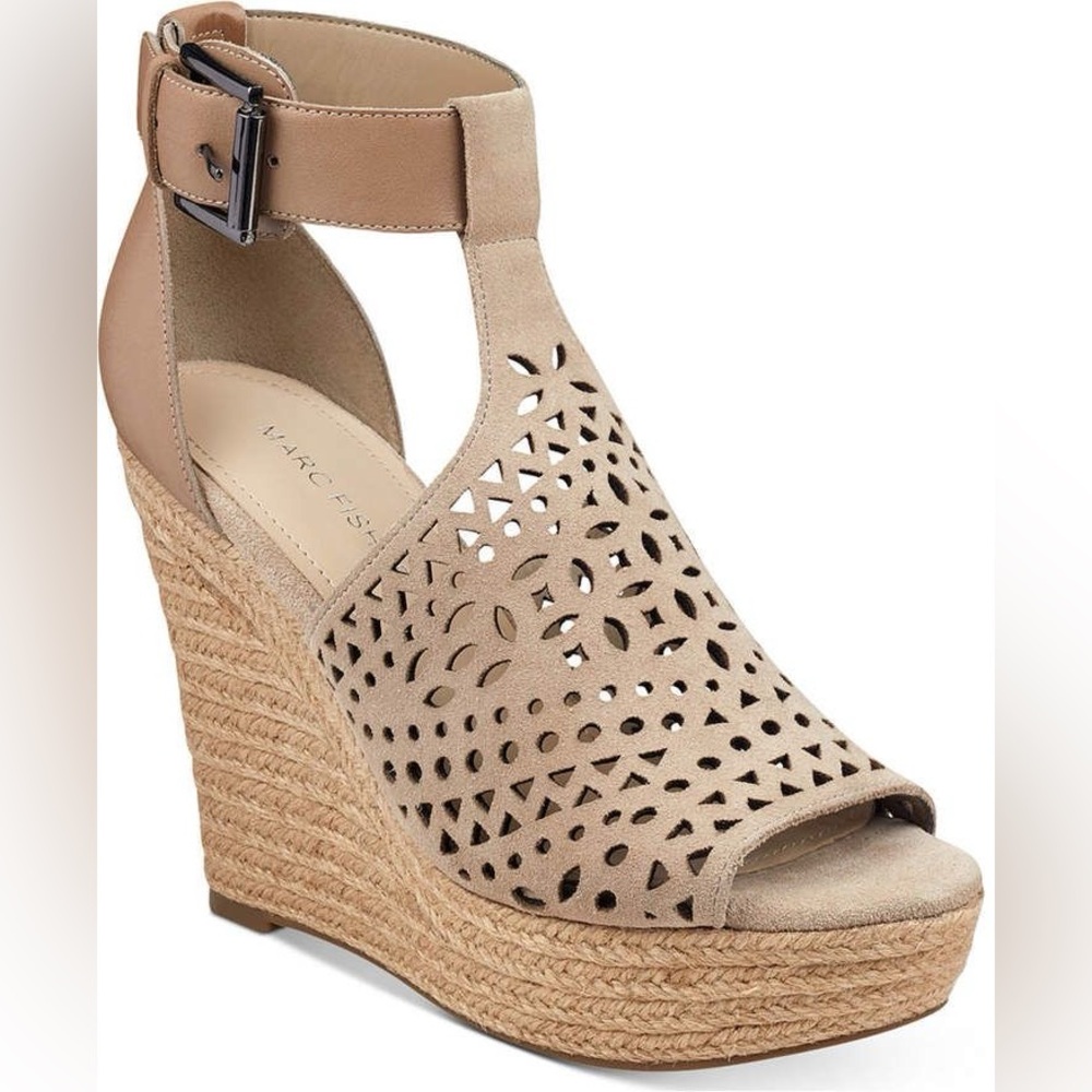MARC FISHER | Hasina Laser Cutout Platform Jute Wedge Espadrilles in Tan/ Nude